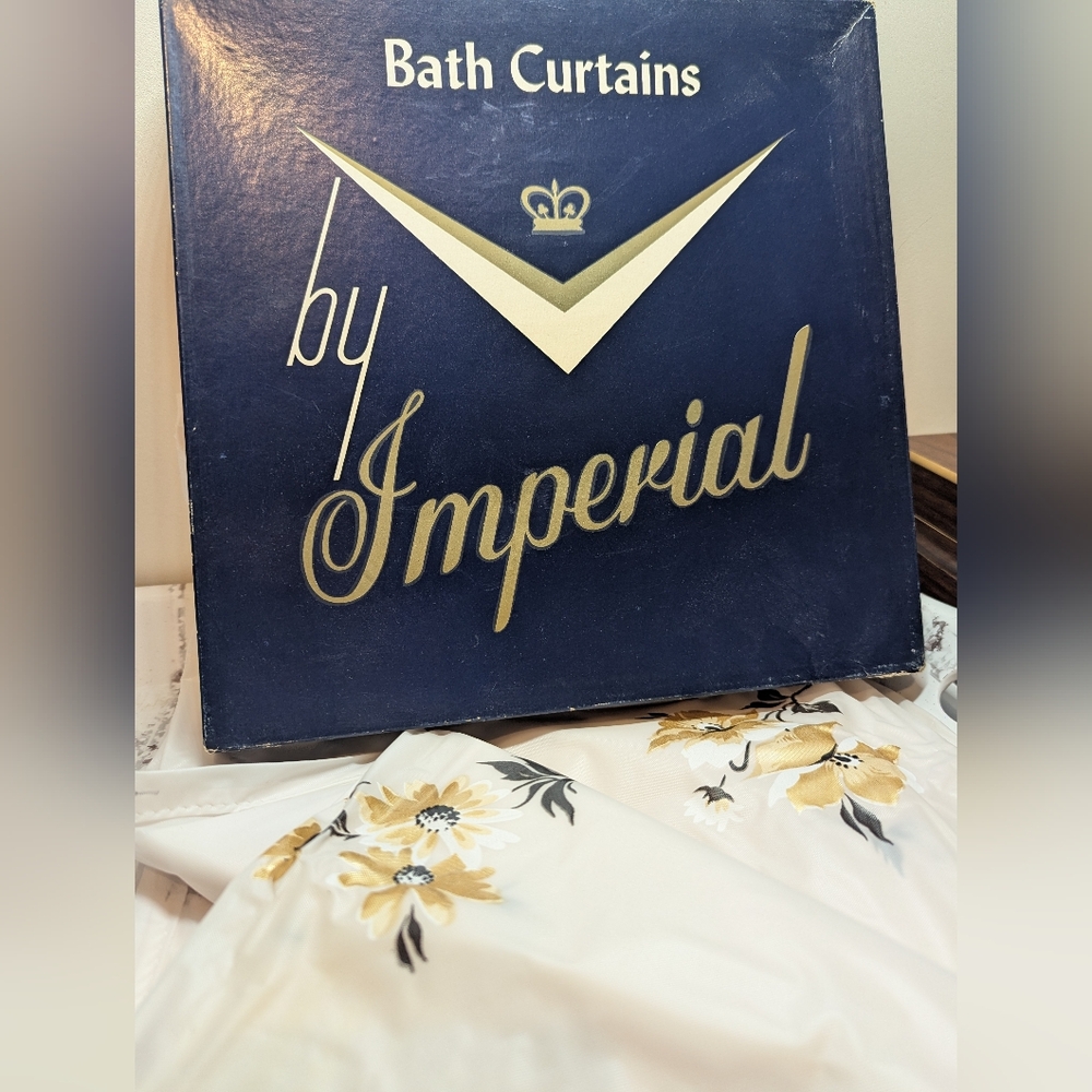 Vintage New Bath Curtains By Imperial Shower Curtain Gold Flowers In Box 34 X 54